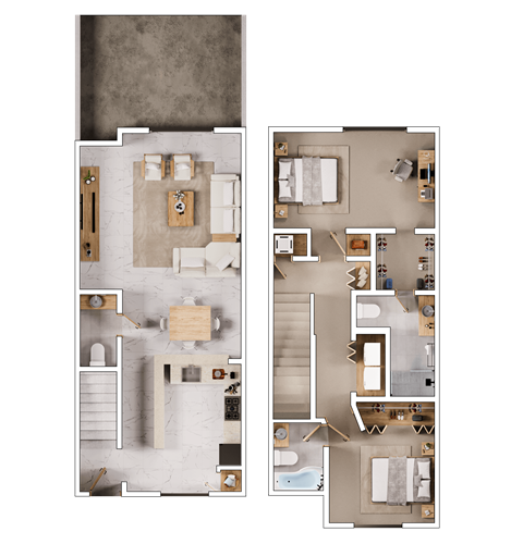 Floor plan for 2 beds, 2.5 baths, 1264 sqft